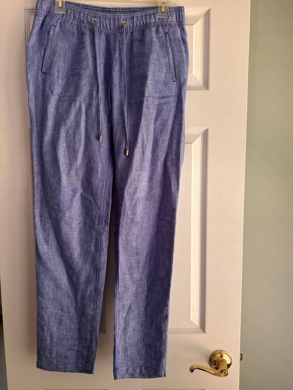 Chambray Drawstring 100% Linen Women’s Pants SMALL - Blue Pockets Casual